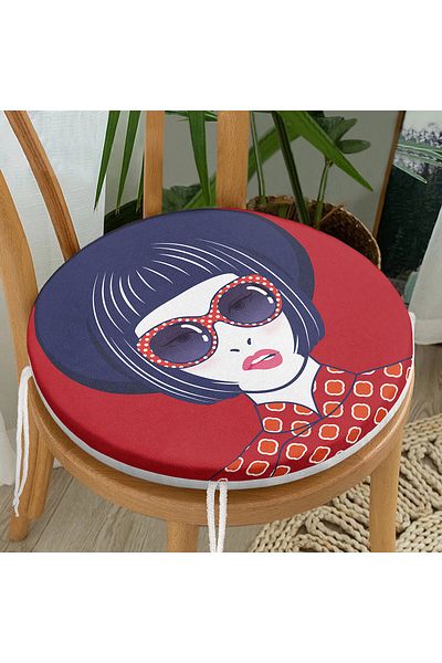 Realhomes Popart Illustration Women's Figured Digital Printed Special Design Round Zippered Chair Cushion