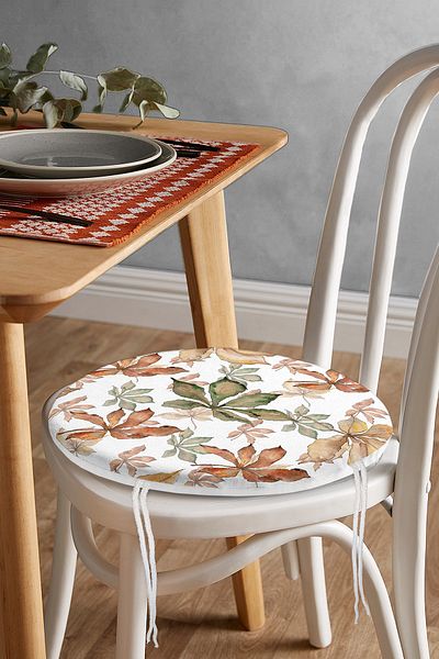 Realhomes Autumn Leaf Pattern Digital Printed Round Zippered Chair Cushion on White Background