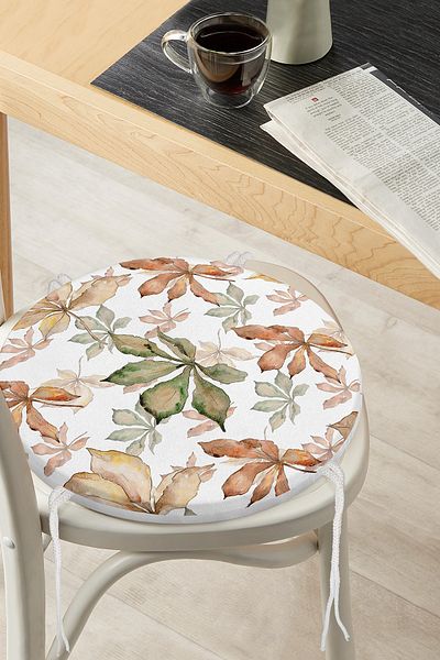 Realhomes Autumn Leaf Pattern Digital Printed Round Zippered Chair Cushion on White Background