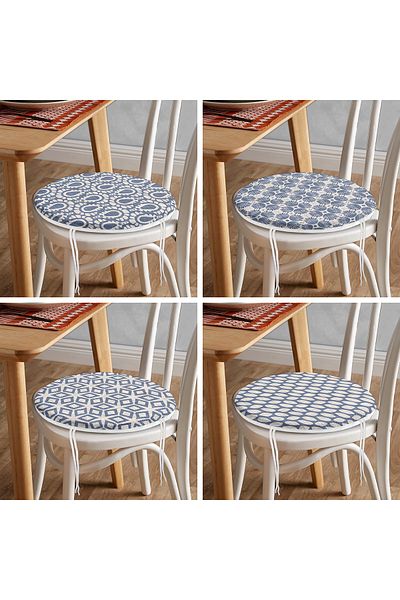 Realhomes 4-Piece Set of Digital Printed Round Zippered Chair Cushions with Geometric Shapes on Denim Floor
