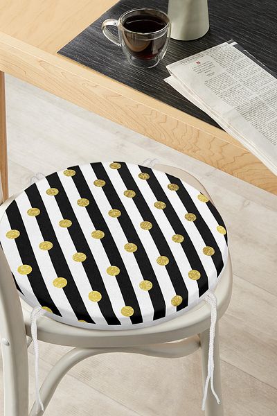 Realhomes Gold Detailed Polka Dot Digital Printed Modern Round Zippered Chair Cushion on White Background