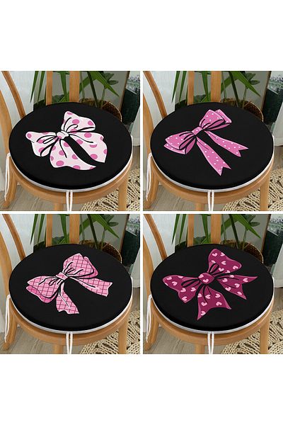 Realhomes Set of 4 Black Floor Pink Ribbon Design Digital Printed Round Zippered Chair Cushions