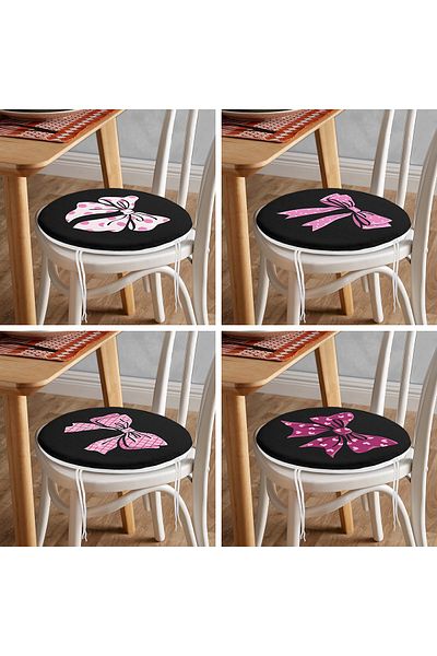 Realhomes Set of 4 Black Floor Pink Ribbon Design Digital Printed Round Zippered Chair Cushions