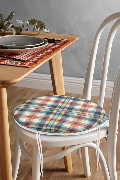 Realhomes Pastel Colored Plaid Patterned Digital Printed Round Zippered Chair Cushion on Colorful Floor