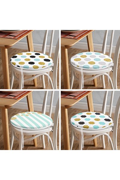 Realhomes Set of 4 Round Zippered Chair Cushions with Gold Detail on White Background