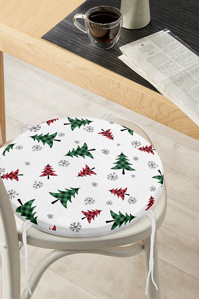Realhomes Digital Printed Round Zippered Chair Cushion with Plaid Pine Tree Pattern on White Background