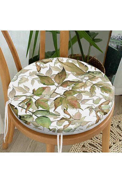 Realhomes Autumn Leaf Pattern Digital Printed Round Zippered Chair Cushion on White Background