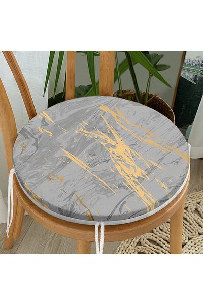 Realhomes Modern Round Zippered Chair Cushion with Gold Detailed Drawing Pattern on Anthracite Floor