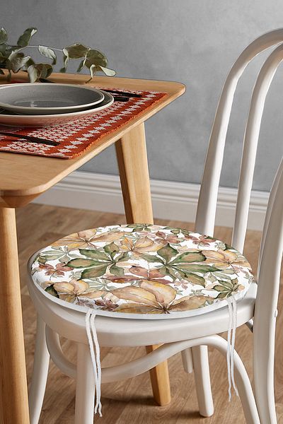 Realhomes Autumn Leaf Pattern Digital Printed Round Zippered Chair Cushion on White Background
