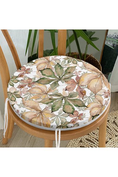 Realhomes Autumn Leaf Pattern Digital Printed Round Zippered Chair Cushion on White Background