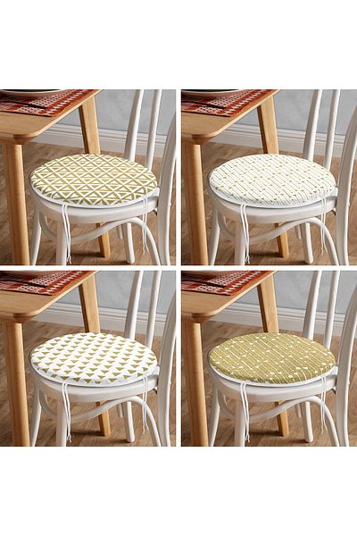 Realhomes Set of 4 Colorful Gold Detailed Geometric Patterned Round Zippered Chair Cushions on the Floor