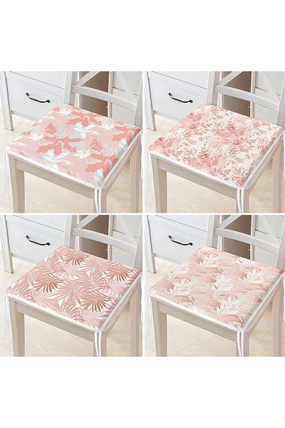 Realhomes 4-Piece Digital Printed Zippered Chair Cushion Set with Pink Leaf Drawing on White Background