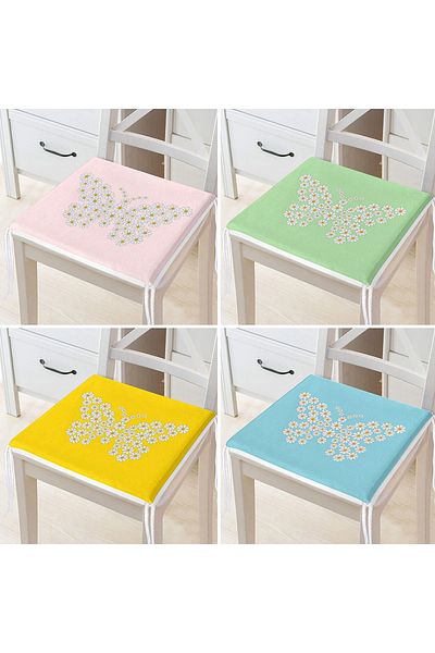 Realhomes 4-Piece Colorful Floor Daisy Butterfly Special Designed Digital Printed Zippered Chair Cushion Set
