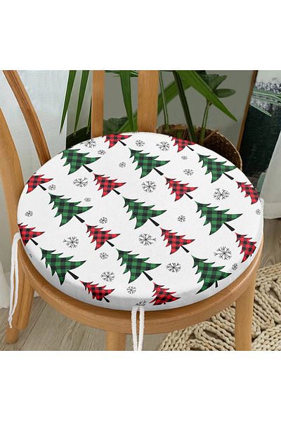 Realhomes Digital Printed Round Zippered Chair Cushion with Plaid Pine Tree Pattern on White Background