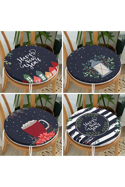 Realhomes Set of 4 Dark Blue Colored Happy New Year Themed Digital Printed Round Zippered Chair Cushions