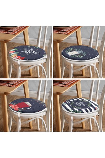 Realhomes Set of 4 Dark Blue Colored Happy New Year Themed Digital Printed Round Zippered Chair Cushions