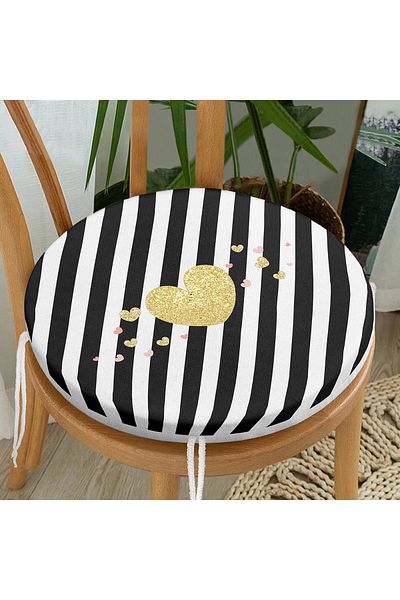 Realhomes Black Horizontal Striped Gold Detailed Heart Patterned Round Zippered Chair Cushion on White Background