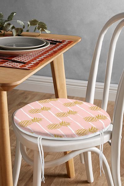 Realhomes Gold Colored Pineapple Patterned Digital Printed Modern Round Zippered Chair Cushion on Pastel Floor