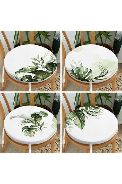 Realhomes 4-Piece White Floor Green Tropical Leaf Motif Digital Printed Round Zippered Chair Cushion