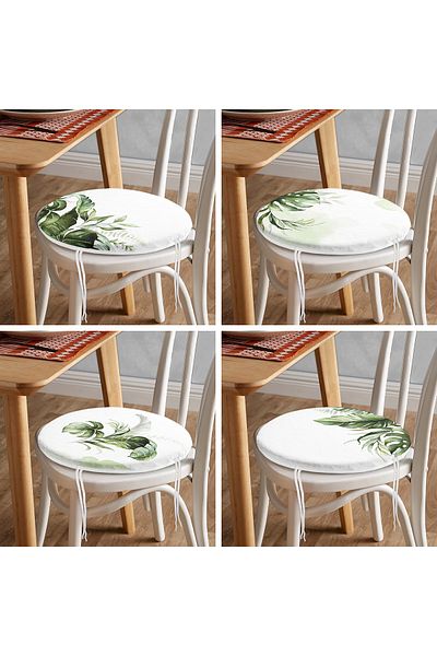Realhomes 4-Piece White Floor Green Tropical Leaf Motif Digital Printed Round Zippered Chair Cushion