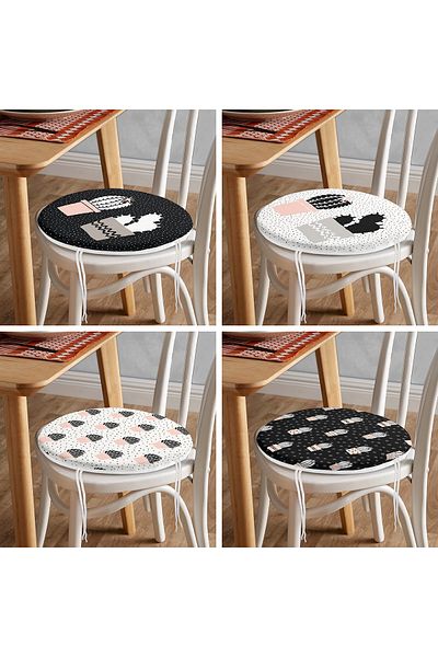 Realhomes Set of 4 Black and White Floor Cactus Drawing Digital Printed Round Zippered Chair Cushions