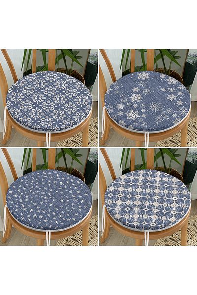 Realhomes Set of 4 Round Zippered Chair Cushions with Stars and Crystal Grains on Denim Floor