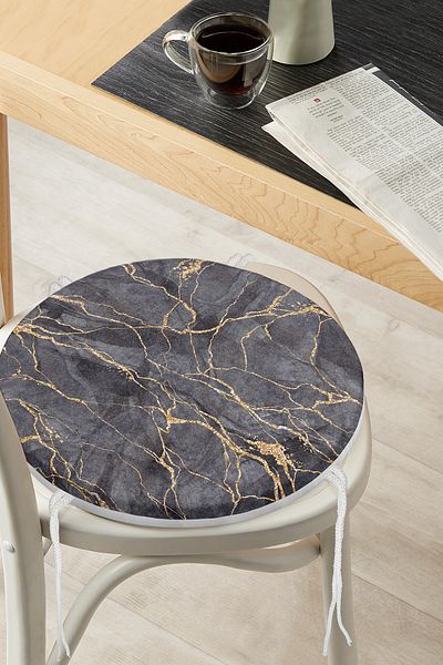 Realhomes Gold Detailed Marble Patterned Digital Printed Modern Round Zippered Chair Cushion on Black Background
