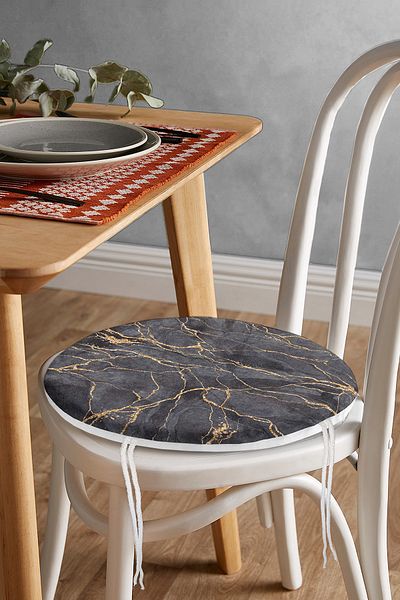 Realhomes Gold Detailed Marble Patterned Digital Printed Modern Round Zippered Chair Cushion on Black Background