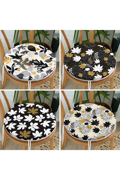 Realhomes 4-Piece Modern Round Zippered Chair Cushion Set with Gold Detailed Leaf Pattern on Colorful Floor