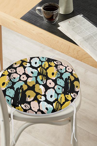 Realhomes Colorful Geometric Patterned Digital Printed Round Zippered Chair Cushion on Black Background