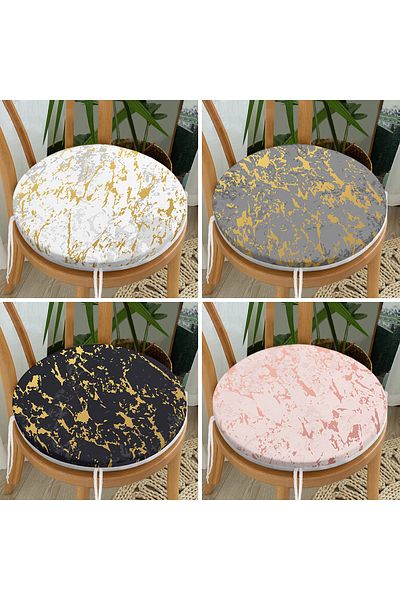 Realhomes 4-Piece Gold Detailed Marble Patterned Modern Round Zippered Chair Cushion Set on Colorful Floor