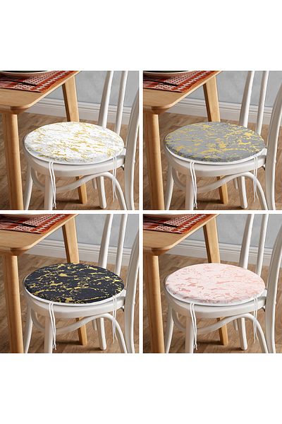 Realhomes 4-Piece Gold Detailed Marble Patterned Modern Round Zippered Chair Cushion Set on Colorful Floor
