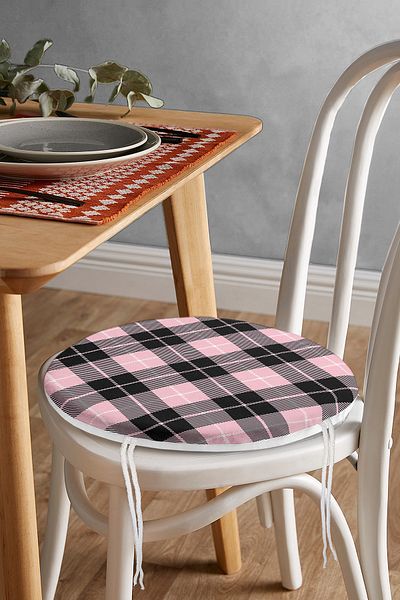 Realhomes Black Plaid Patterned Digital Printed Modern Round Zippered Chair Cushion on Colorful Pastel Floor