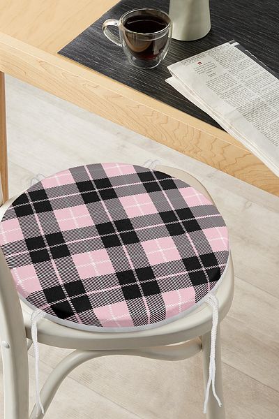 Realhomes Black Plaid Patterned Digital Printed Modern Round Zippered Chair Cushion on Colorful Pastel Floor