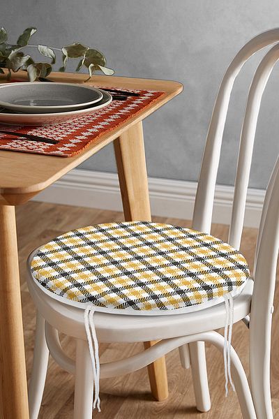 Realhomes Black and Yellow Plaid Pattern Digital Printed Round Zippered Chair Cushion on White Background