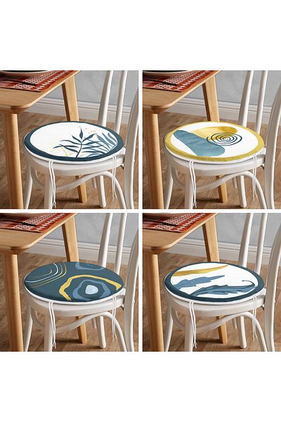 Realhomes 4-Piece Colorful Gold Detailed Leaf Patterned Modern Round Zippered Chair Cushion Set on the Floor