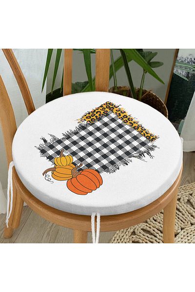 Realhomes Modern Round Zippered Chair Cushion with Plaid Pattern Pumpkin Motif on White Background
