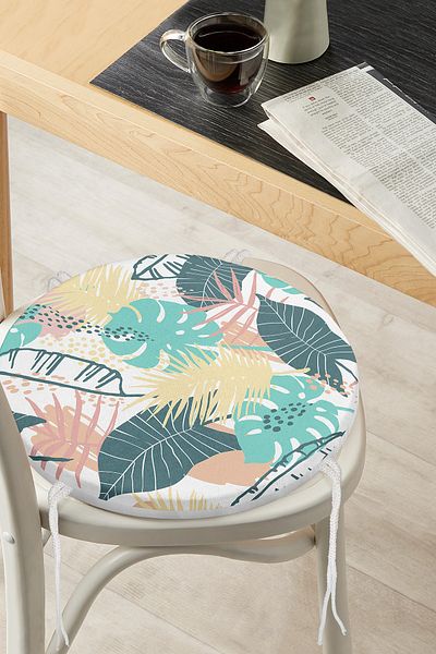 Realhomes Digital Printed Modern Round Zippered Chair Cushion with Colorful Leaf Pattern on White Background