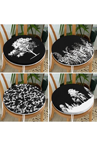 Realhomes 4'lü Siyah Zeminde Ağaç Motifli Dijital Baskılı Özel Tasarım Yuvarl...