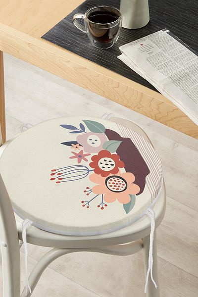 Realhomes Digital Printed Round Zippered Chair Cushion with Colorful Background and Onedraw Drawing Flower Pattern