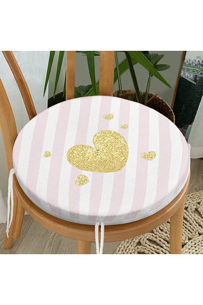 Realhomes Pink Horizontal Striped Gold Detailed Heart Patterned Round Zippered Chair Cushion on White Background