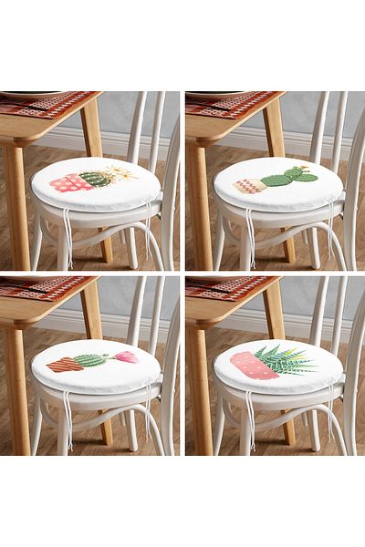 Realhomes Set of 4 Cute Potted Cactus Designed Digital Printed Round Zippered Chair Cushions