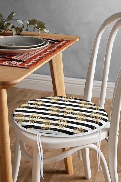 Realhomes Gold Detailed Leaf Patterned Digital Printed Modern Round Zippered Chair Cushion on White Background