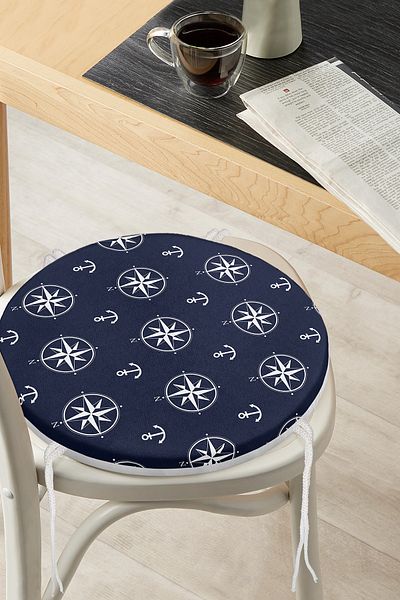 Realhomes Digital Printed Round Zippered Chair Cushion with Compass Pattern on Navy Blue Floor