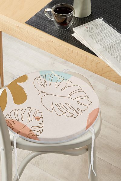Realhomes Digital Printed Round Zippered Chair Cushion with Colorful Background and Onedraw Drawing Leaf Pattern
