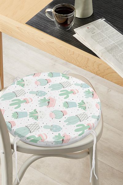 Realhomes Colorful Cactus Patterned Digital Printed Modern Round Zippered Chair Cushion on White Background
