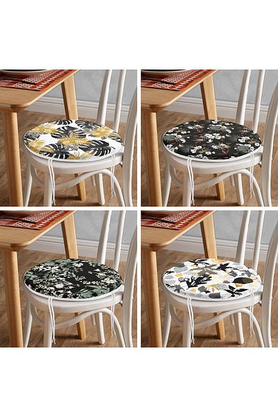 Realhomes 4-Piece Black Floor Gold Detailed Leaf Patterned Modern Round Zippered Chair Cushion Set