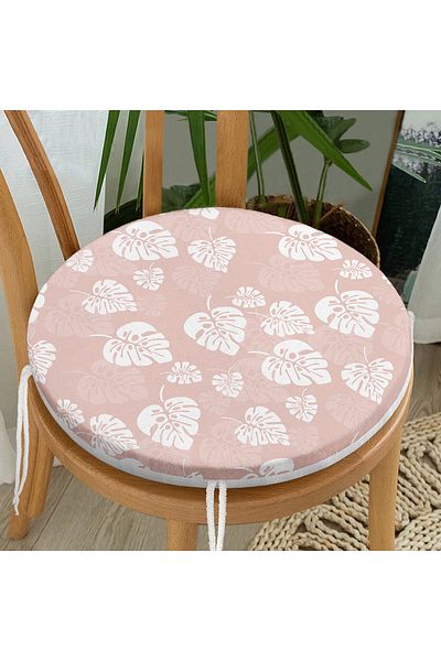 Realhomes Digital Printed Modern Round Zippered Chair Cushion with White Leaf Pattern on Pastel Floor