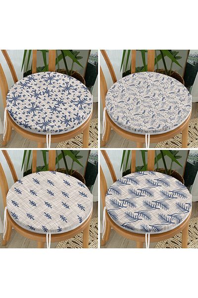 Realhomes Set of 4 Decorative Round Zippered Chair Cushions with Crystal and Pine Tree Motifs on Denim Floor