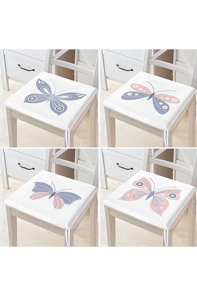 Realhomes Set of 4 White Floor Pink & Blue Butterfly Design Digital Printed Zippered Chair Cushions